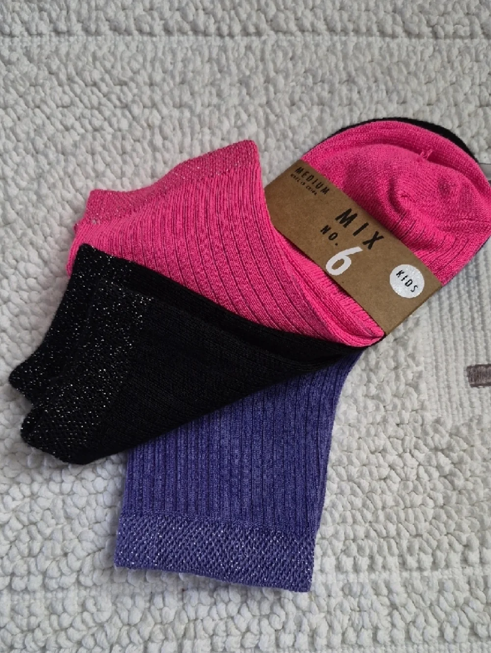 MIX NO.- 6 Pink Purple Black Kids Crew Socks -3 Pack Medium 9-1